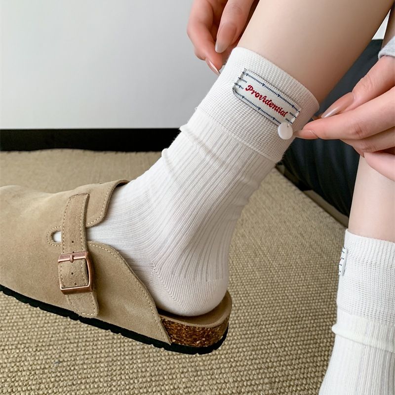 Korean Version Of Gray Cloth Label Shell Socks Women's Mid Tube Socks Spring And Autumn Pure Cotton Summer Boneless Pile Socks With Birkenstocks_voghion.com