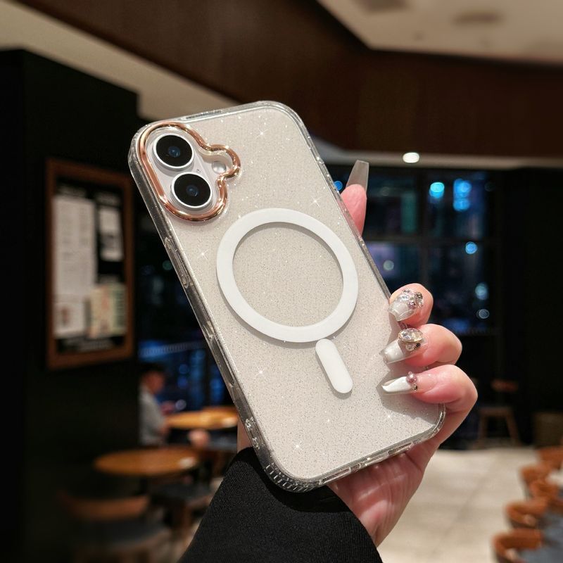 Glitter Magnetic Phone Case For IPhone 15/16 - Premium Electroplated Transparent Cover With Large Camera Cutouts (Gold Sparkle)_voghion.com