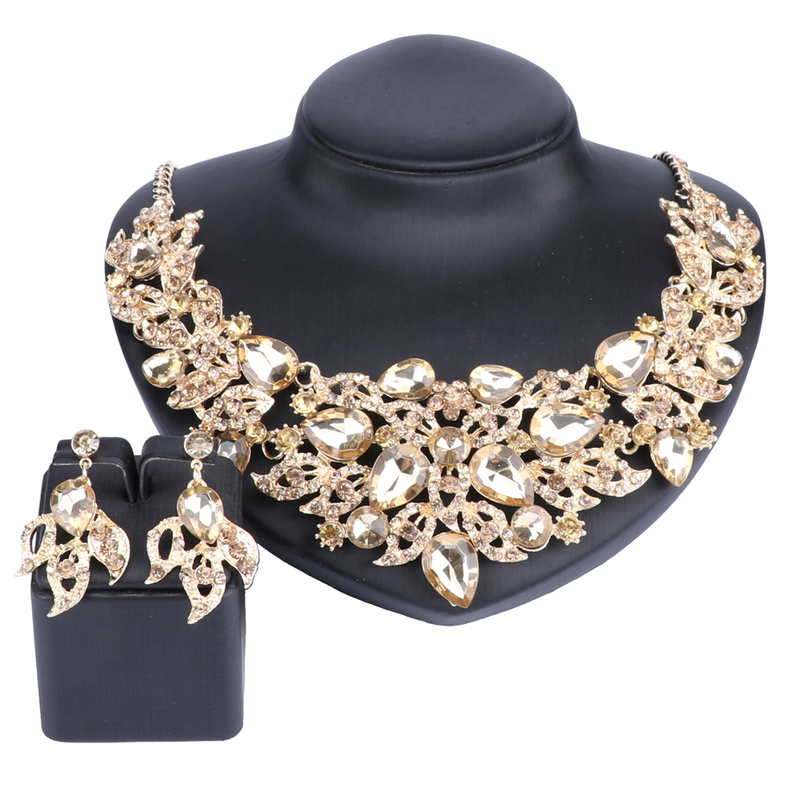 Set di bigiotteria da donna, da sposa, con strass, in cristallo, con collana di fiori e orecchini, per feste_voghion.com