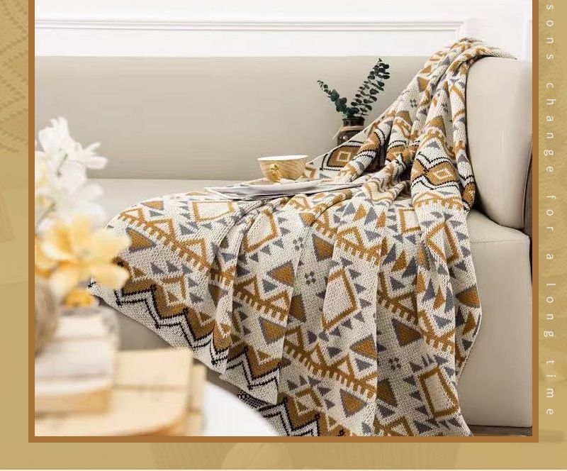 Coperta in maglia geometrica bohémien - Coperta invernale calda in filato acrilico per divano e letto - da 130x170 cm a 120x180 cm (700 g-1100 g)_voghion.com