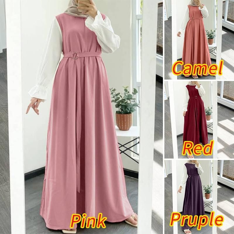 Frauen Eid Muslimischen Kleid Marokko Party Kleider Patchwork Dubai Kaftan Ramadan Islam Vestidos Arabischen Langarm Lose Abaya Gürtel_voghion.com