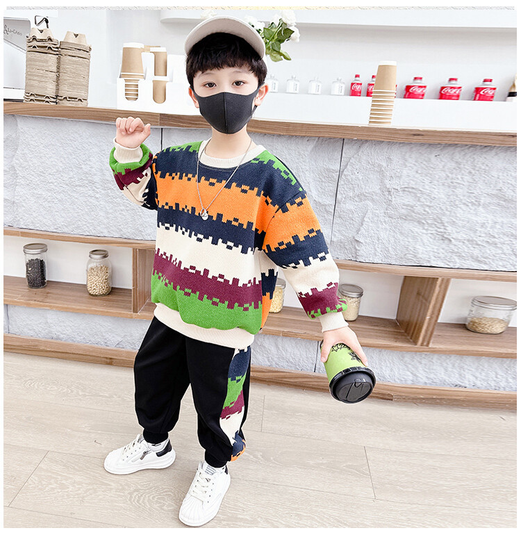 Boys' Colorful 2023 Spring and Autumn New Handsome Striped Sweater Two Piece Set for Children's Fashion_voghion.com