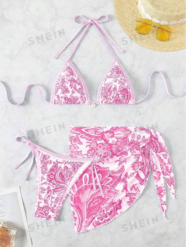 Maillot de bain trois pièces en maille imprimée, nouvelle collection 2024, bikini sexy avec accessoires coquillages_voghion.com