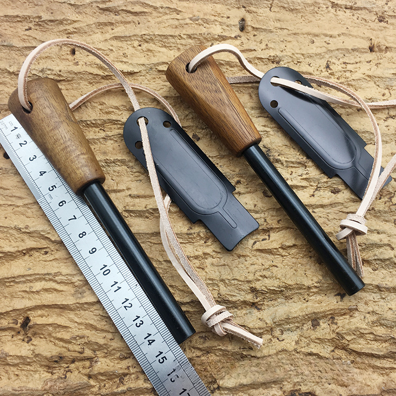 Natural Wood Handle Flint Magnesium Fire Starter Rod Outdoor Survival With Packaging And Leather Strap Powerful Scraper_voghion.com