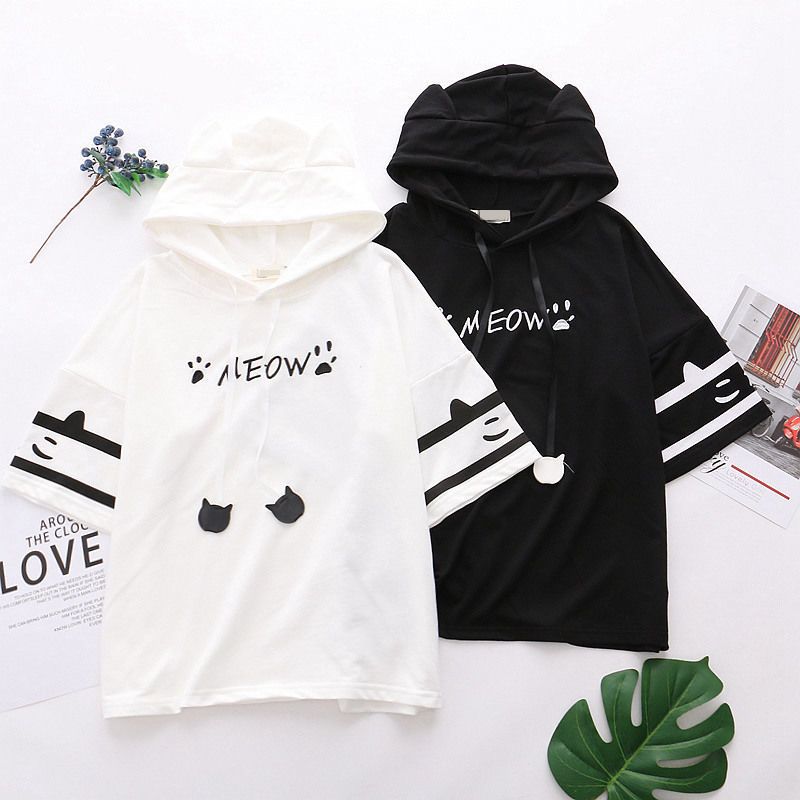 hot selling T-shirts Women Patchwork Loose Haruku All-match Short Sleeve Hooded Summer Cute Korean Version Stylish Student Tops_voghion.com