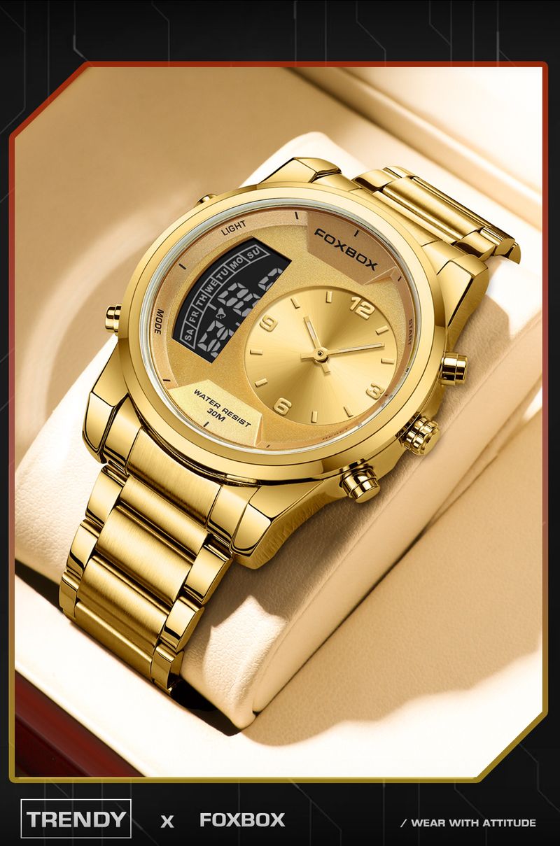Men's Waterproof Luminous Analog Digital Watch With Alarm Chronograph, Stainless Steel Band, Mineral Glass, 43mm Round Case_voghion.com