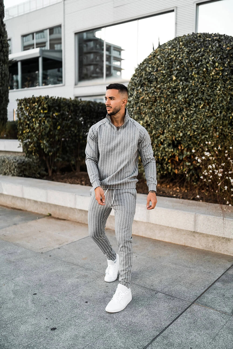 2024 New Spring and Autumn Stripe for Men's Fitness Running Long sleeved Sweater Slim Fit Pants Set_voghion.com