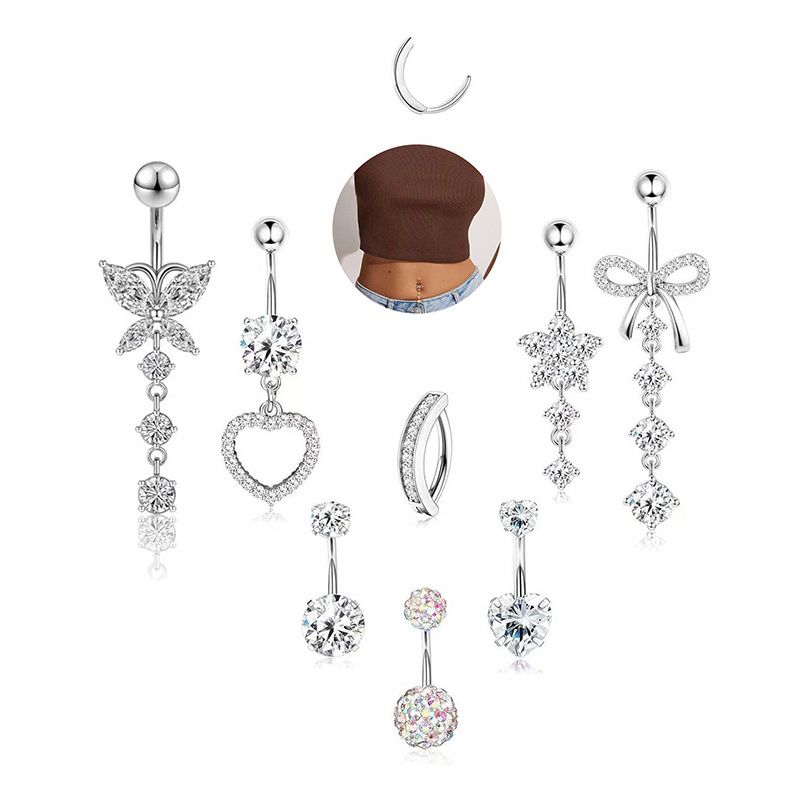 Set di gioielli piercing a farfalla, otto pezzi, orecchini a bottone, tendenza personalità, anello per ombelico in zircone intarsiato in rame, fabbrica_voghion.com