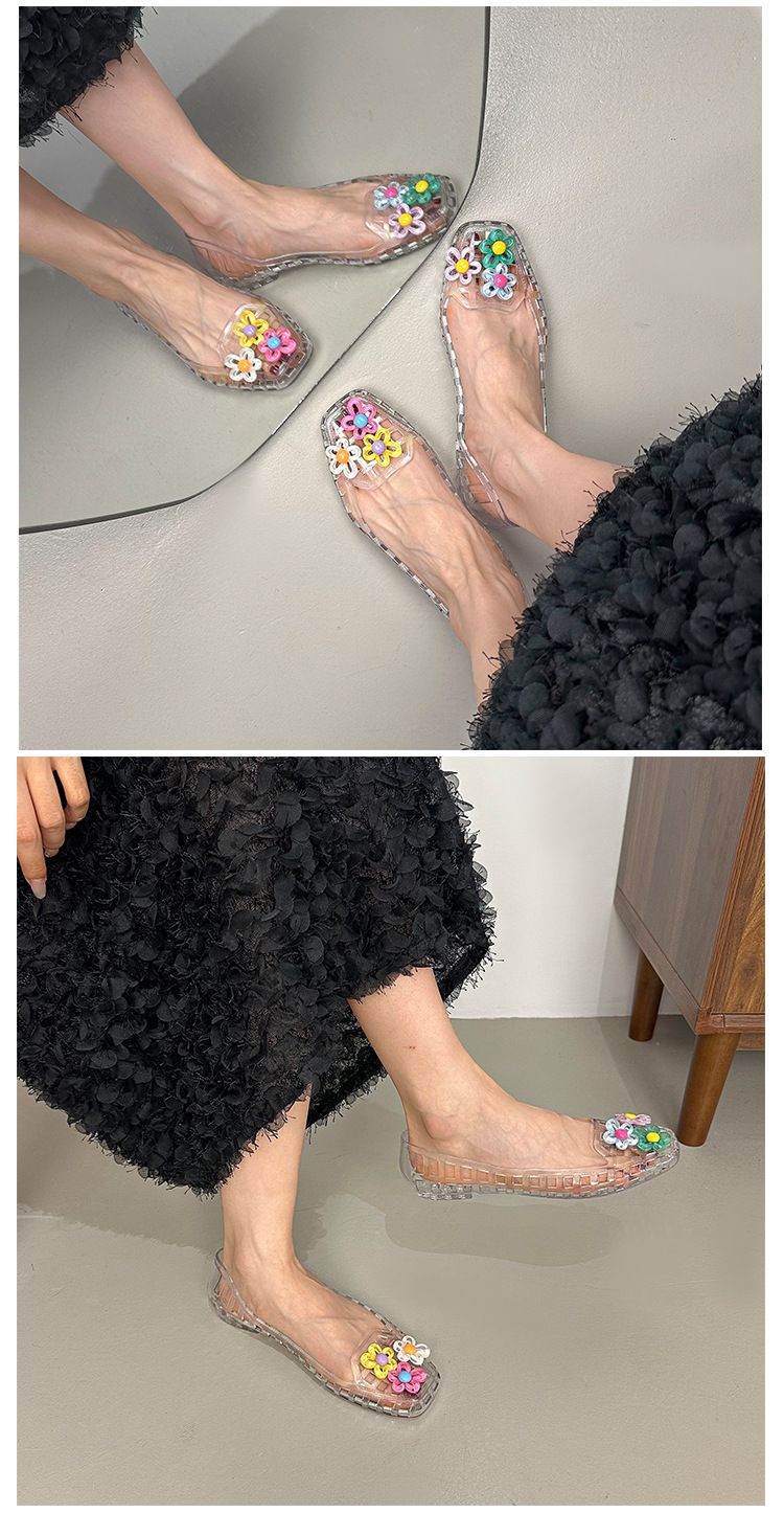Jelly Shoes Kadın Sığ Tek Ayakkabı Kristal Ayakkabı Kare Başlı Havalı Terlikler Tembel Tek Pedal Yetişkin_voghion.com