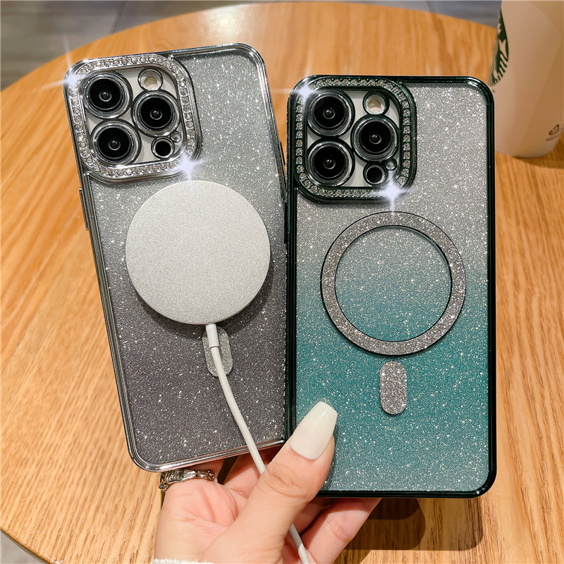 Luxus Farbverlauf Glitzer Wireless Charging für Magsafe Hülle für iPhone 14 13 12 11 Pro Max Plus Plating Bumper Cover Cases_voghion.com