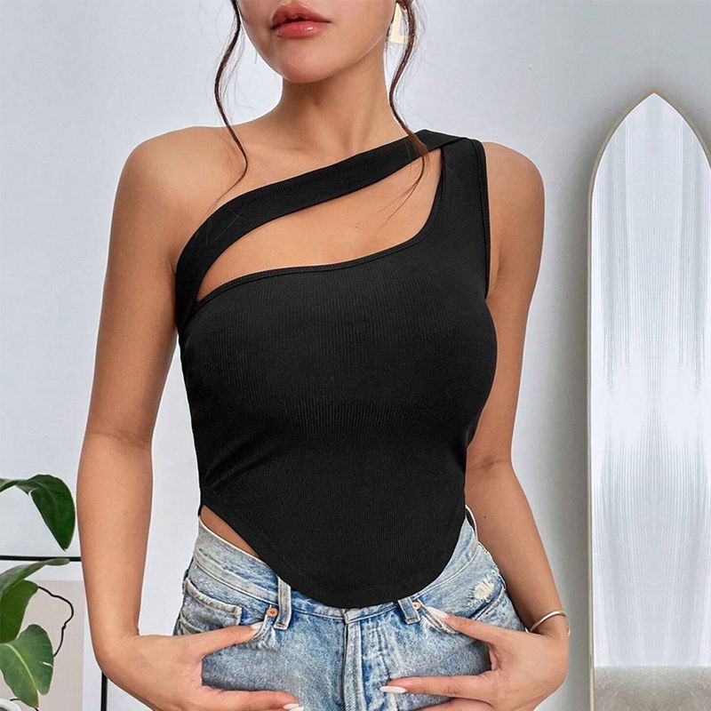 Women's Clothing New Slim Ultra Short Irregular Hem Oblique Shoulder Wrap Chest Vest Hollow Top_voghion.com