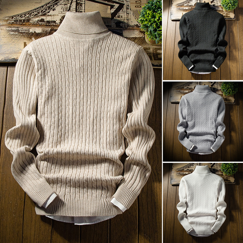 SR ® Men Long Sleeve Sweater Elastic Sweater Cozy Men's High Collar Sweater Soft Warm Knit for Fall Winter less Than617_voghion.com