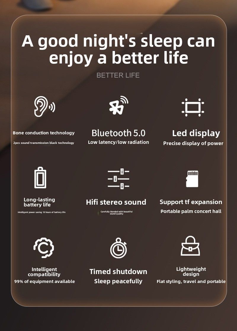 Padėkite užmigti „Bluetooth“ garsiakalbis – be ausies, maitinimo ekranas, TF kortelės palaikymas, reguliarus išjungimas, labai lengvas nešioti, leisti lopšinę, muziką, išskleisti_voghion.com