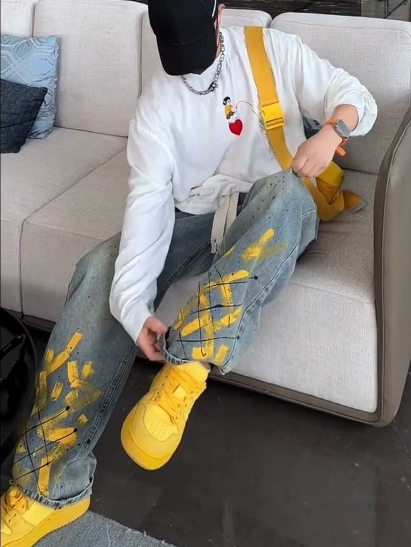 Men's Clothing Jeans Hand Painted Inkjet Printing Fashionable All Match Washed Distressed Straight Pants_voghion.com