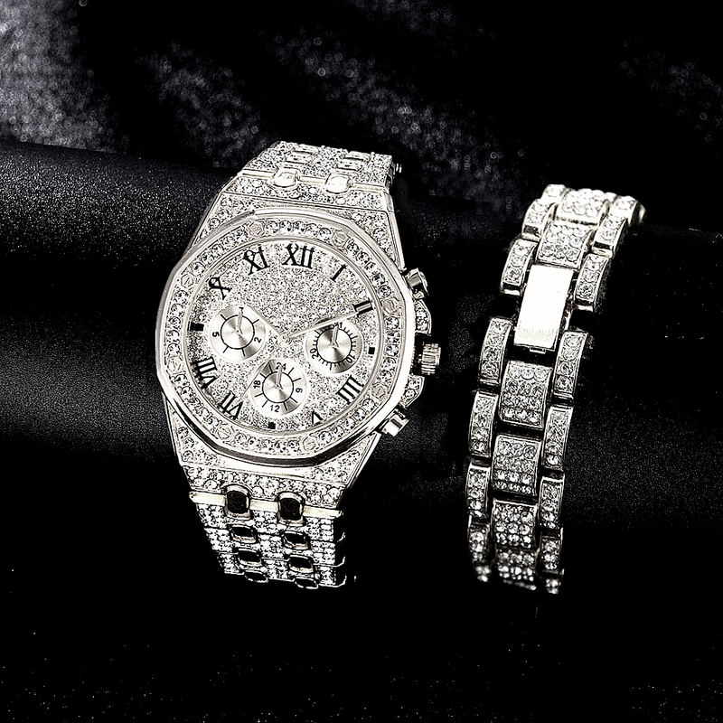 Zegarek na bransoletce dla mężczyzn Iced Out Clock Hip Hop Duży łańcuch Złoty zegarek na rękę Rhinestone Bling Męski zestaw prezentowy Religio Masculino_voghion.com
