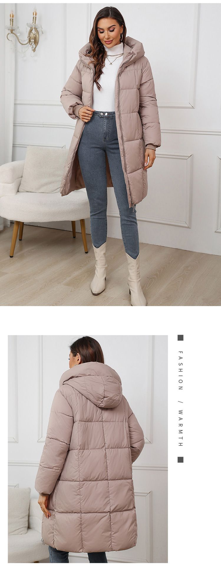 Parka oversize con cappuccio da donna – Giacca invernale spessa con tasche, maniche lunghe, cerniera frontale, capospalla casual (nero/rosso/kaki/marrone/crema)_voghion.com