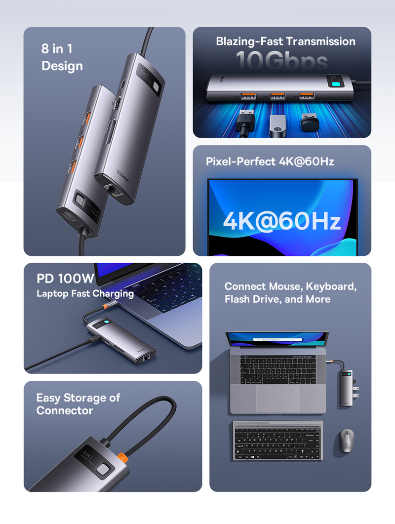 Baseus 10Gbps USB C Hub Type C To HDMI-compatible USB Adapter Ethernet Port Docking Station For MacBook Air M1 M2 USB Splitter_voghion.com
