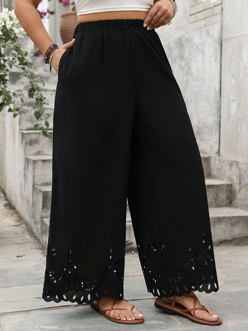 Vêtements pour femmes printemps et été nouveaux produits pantalons amples à jambes larges grande taille ourlet creux pantalons noirs_voghion.com