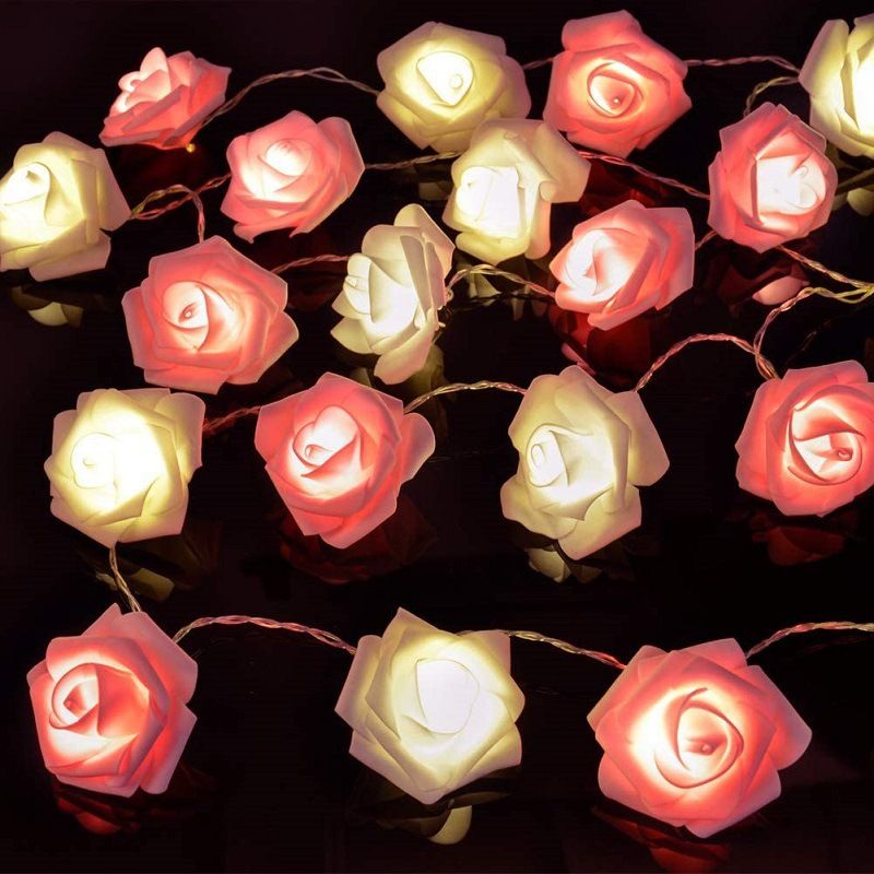 Luzes românticas de LED com rosas - Rosas artificiais de espuma de 2 m/3 m com pétalas de LED branco/rosa quente, alimentadas por bateria para decoração de interiores, casamento e Natal_voghion.com
