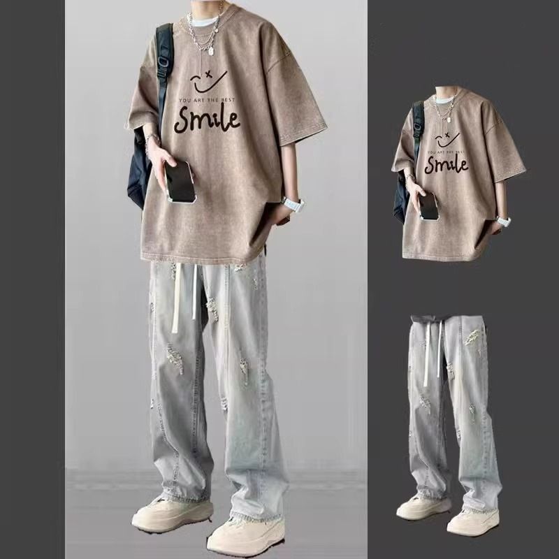 Letnia koszulka z krótkim rękawem CT dla studentów, męski modny, modny zestaw z jeansami w stylu High Street, luźny, dwuczęściowy_voghion.com