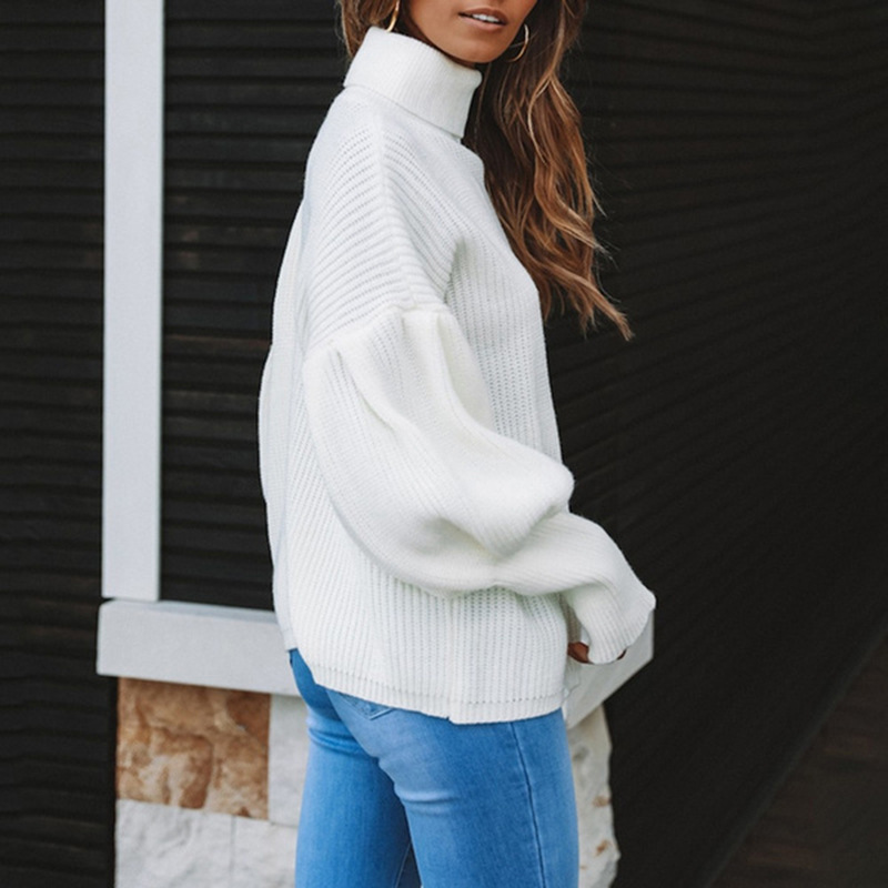 Ropa de mujer Suéter de punto de manga larga con cuello alto y color liso para mujer Ropa de mujer_voghion.com