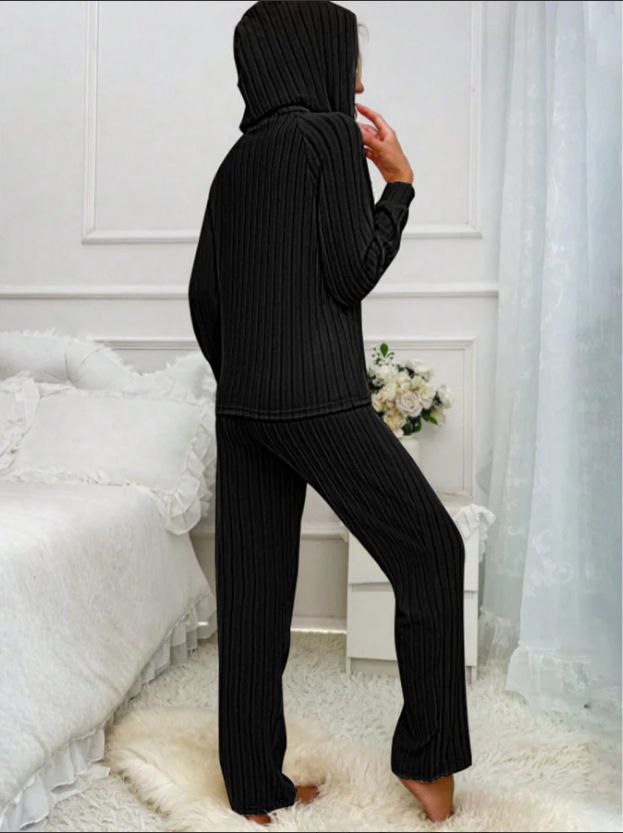 Women's Casual Ribbed Fleece Hooded Button-Up T-Shirt & Pants Lounge Set - Soft Comfortable Home Wear Outfit_voghion.com