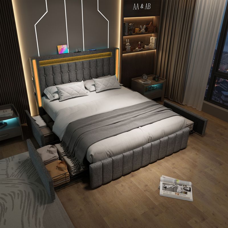 Lit double avec rangement et lattes en bois, chargement USB Type-C, éclairage LED et 4 tiroirs, gris (matelas non inclus). Lit enfant 140 x 200 cm._voghion.com