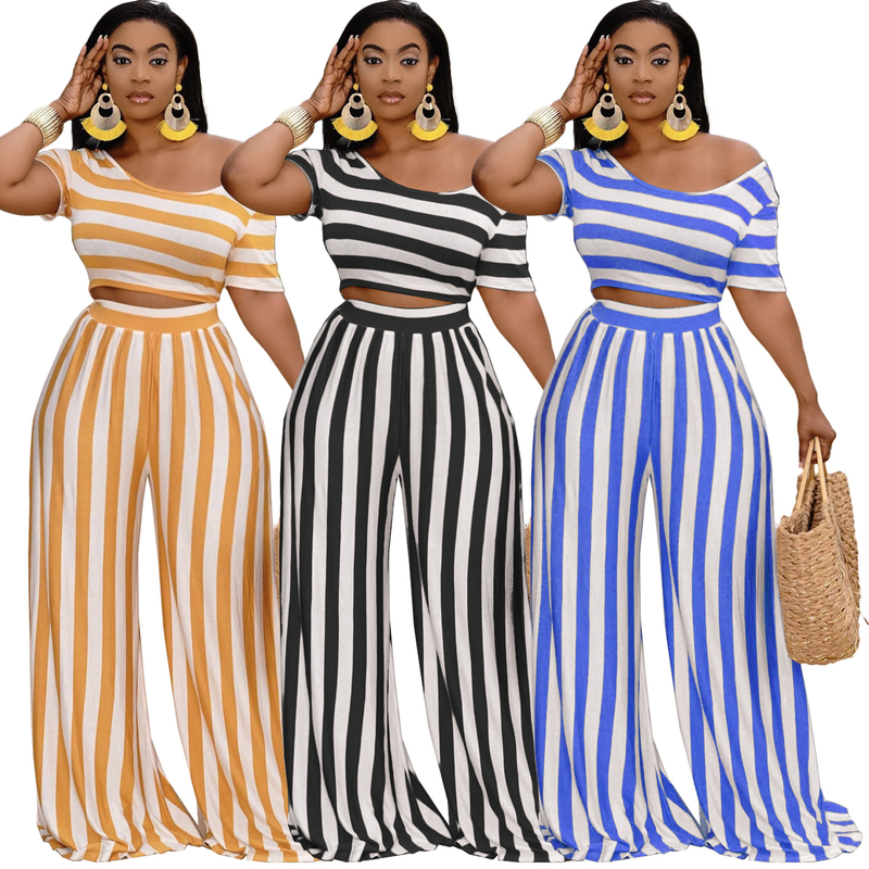 Audday X9310 Fashionable Crop Top Striped Wide-Leg Pants Two-Piece Set_voghion.com