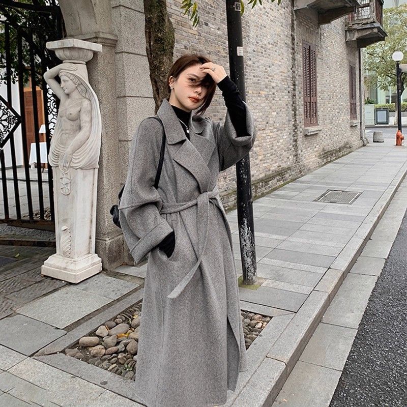 Doppelseitig für Damen, Herbst und Winter 2025, Petite Cashmere Langer roter Schnürmantel aus 100 % Wolle_voghion.com
