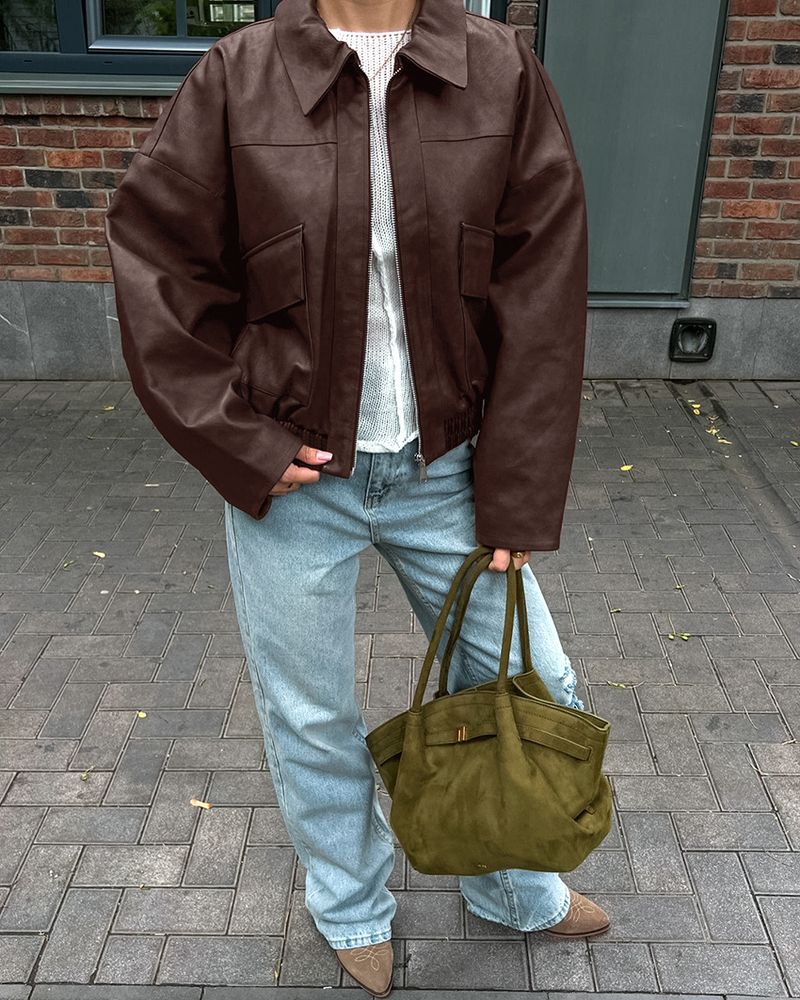 Damenbekleidung Vintage-inspirierte Bomberjacke für Damen – Fliegermantel aus PU-Leder, entspannte Passform, klassisches Braun, Freizeit- und Bürokleidung_voghion.com