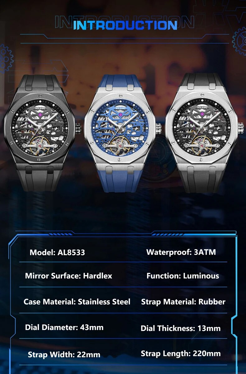 AILANG Topmerk Automatische Mechanische Horloges Heren Tourbillon Horloge Waterdicht Zwarte Stalen Kast Rubberen Band Reloj Hombre_voghion.com
