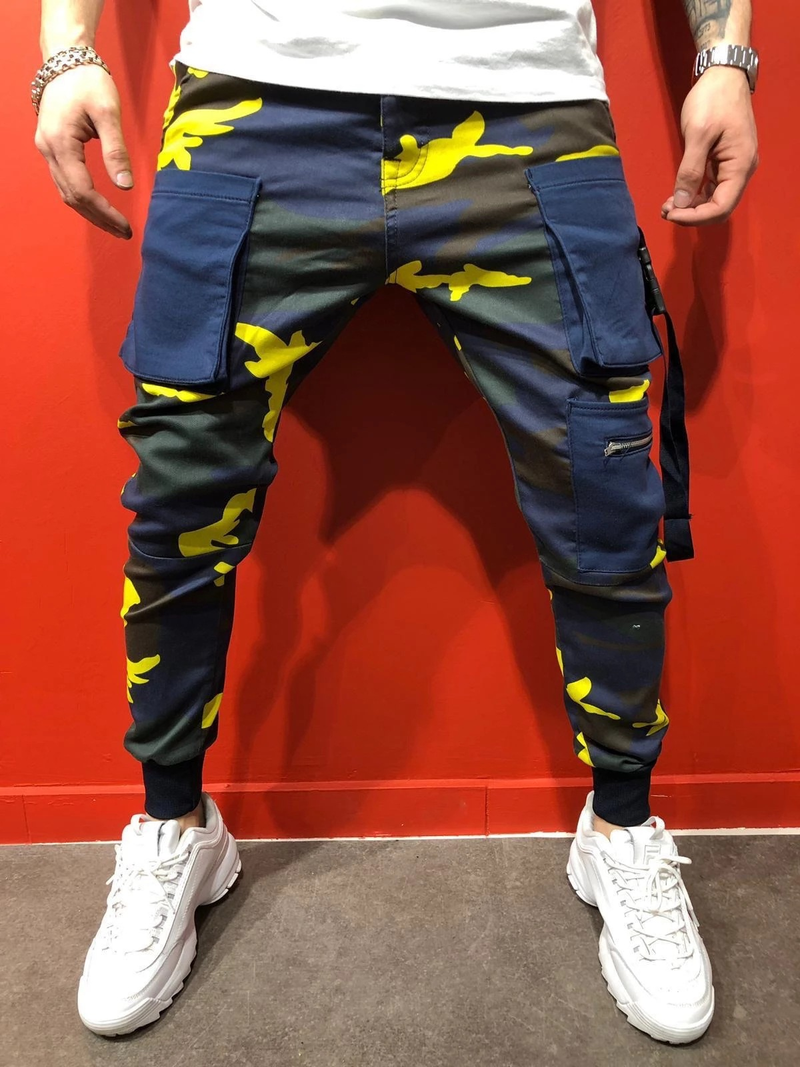 Color Block, Cargo-bukser med snøring for menn med klafflommer, komfortable joggebukser_voghion.com