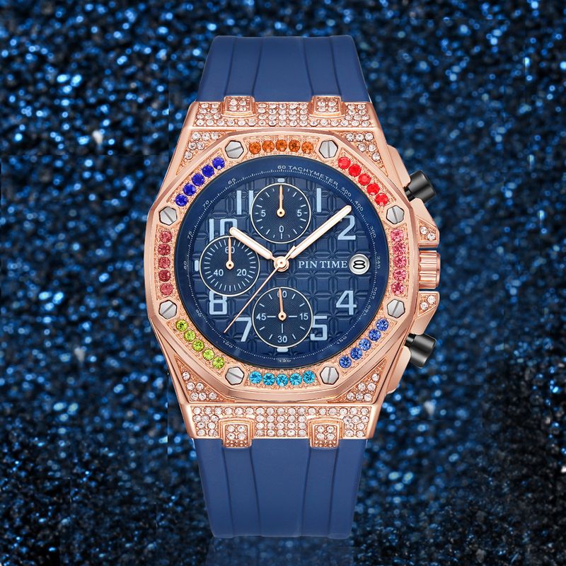 Luxuriöse Herrenuhr mit Diamantakzenten, Multifunktions-Chronograph, Datumsanzeige und 30 m Wasserdichtigkeit – Roségoldgehäuse und Silikonarmband_voghion.com