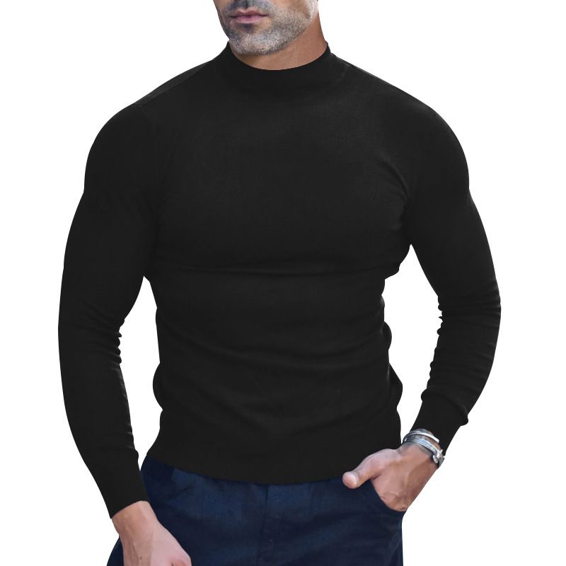 Herbst Winter Thermo Einfarbig Langarm T-Shirt Basishemd Eng Anliegender Halbhoher Kragen Herrenstil_voghion.com