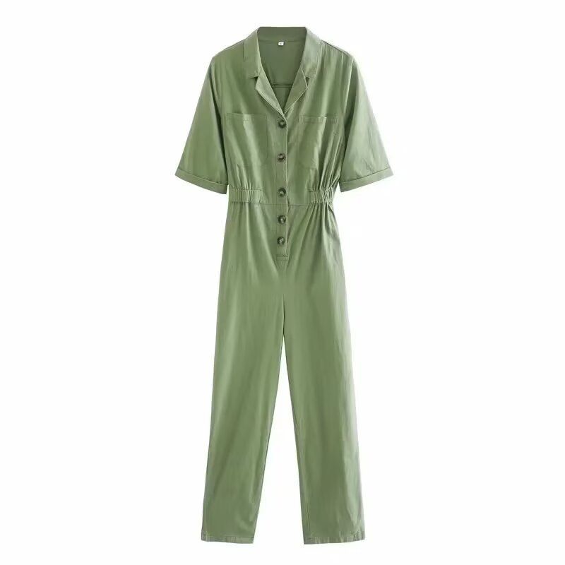 Mono de lino liso de manga corta para mujer, apto para todas las estaciones, verano 2024, color verde militar y caqui, talla 2524_voghion.com