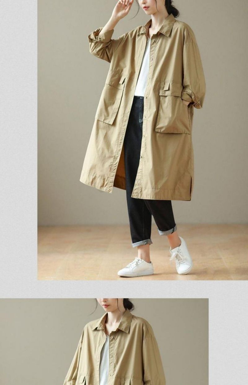 Damenbekleidung Übergröße Damen Trenchcoat mit Designdetails, übergroßer lässiger Langmantel, locker sitzender Arbeitshemdstil für Herbst und Winter_voghion.com