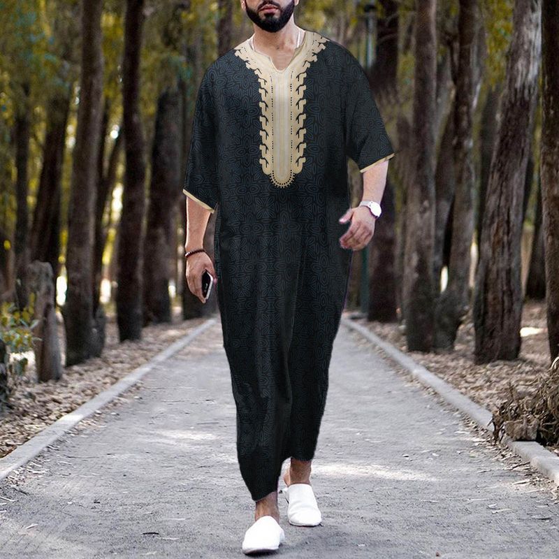 Männer Muslimischen Sommer Mode Lose Robe Islam Kaftan Männer Kleidung Dubai Luxus Muslimischen Abaya Muslimischen V-ausschnitt Kurzarm Druck_voghion.com