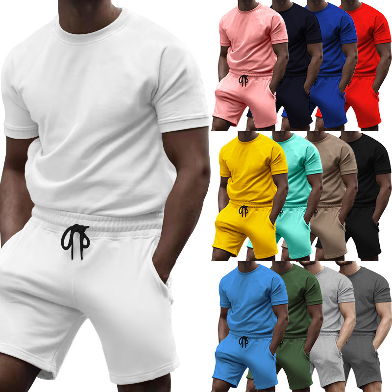 Herrenbekleidung Kurzarm Herren Casual Fashion Solid Color Zweiteiliger Trainingsanzug Trainingsanzug Herren_voghion.com
