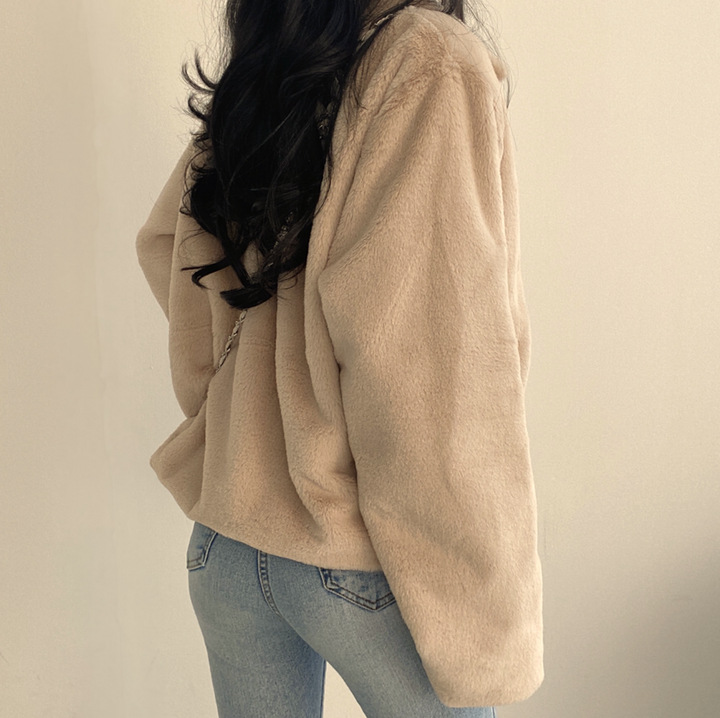 Women's lapel zipper plush feeling loose and versatile short style thickened long-sleeved coat for women_voghion.com