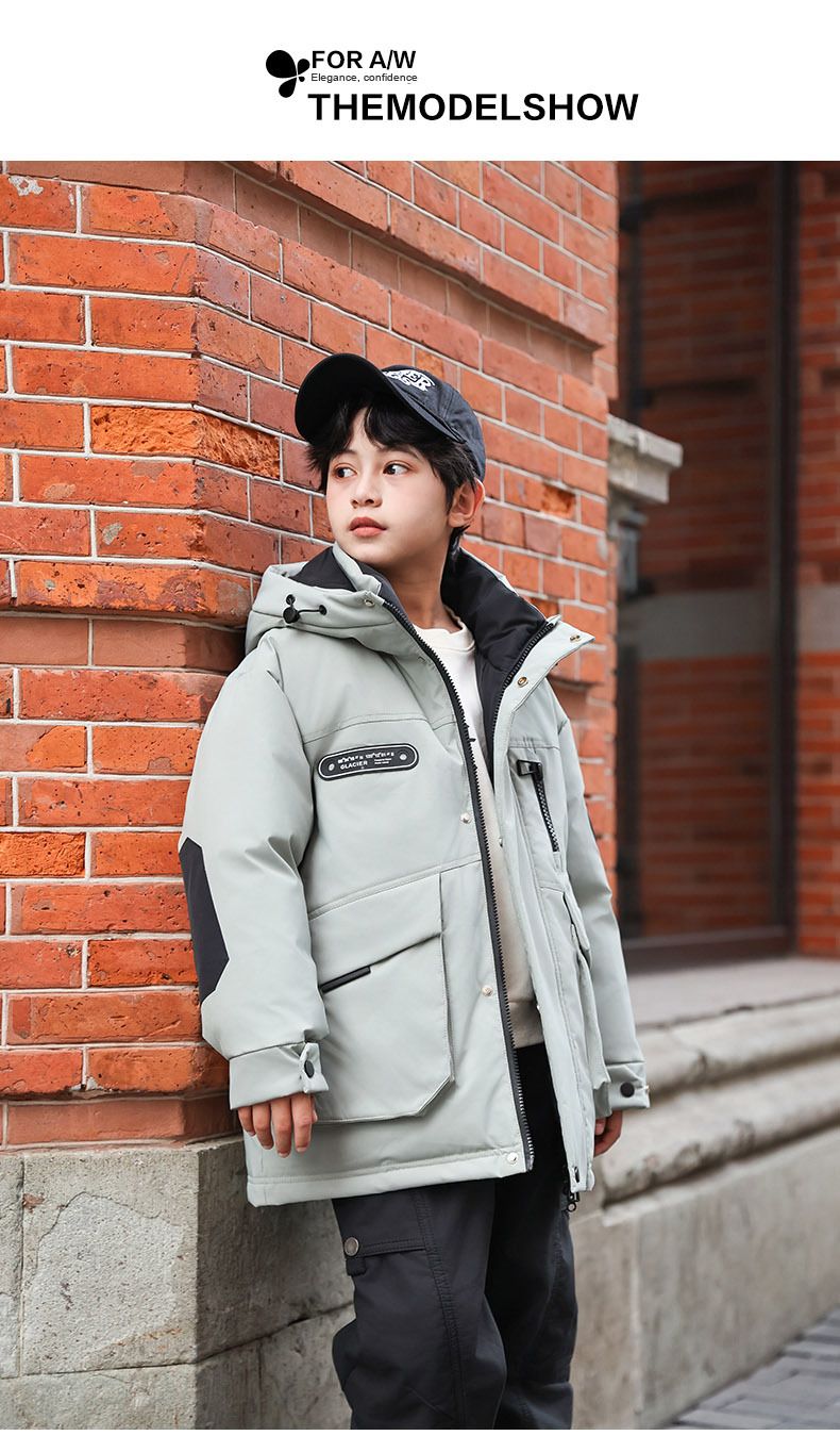 Mother & Kids Warm & Stylish Boys' Long Down Jacket With Hood - Soft Duck Feather Filling, High Waist Design, Winter Coat For Kids (Black, Beige)_voghion.com