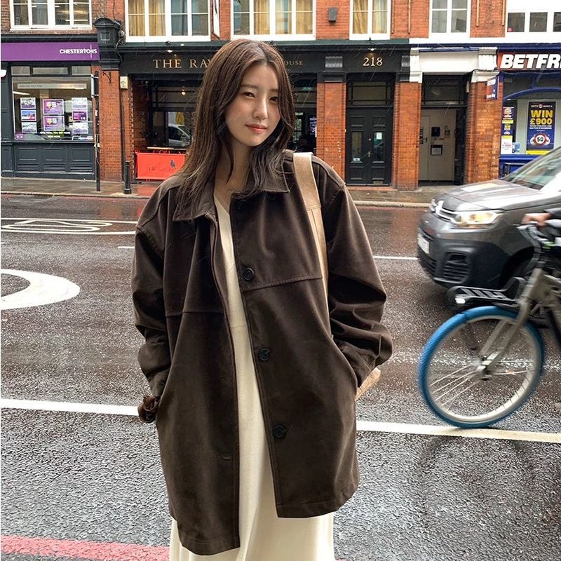 Chic autunno/inverno edizione coreana Maillard indossa giacca a vento in pelle scamosciata larga giacca media lunga per le donne_voghion.com