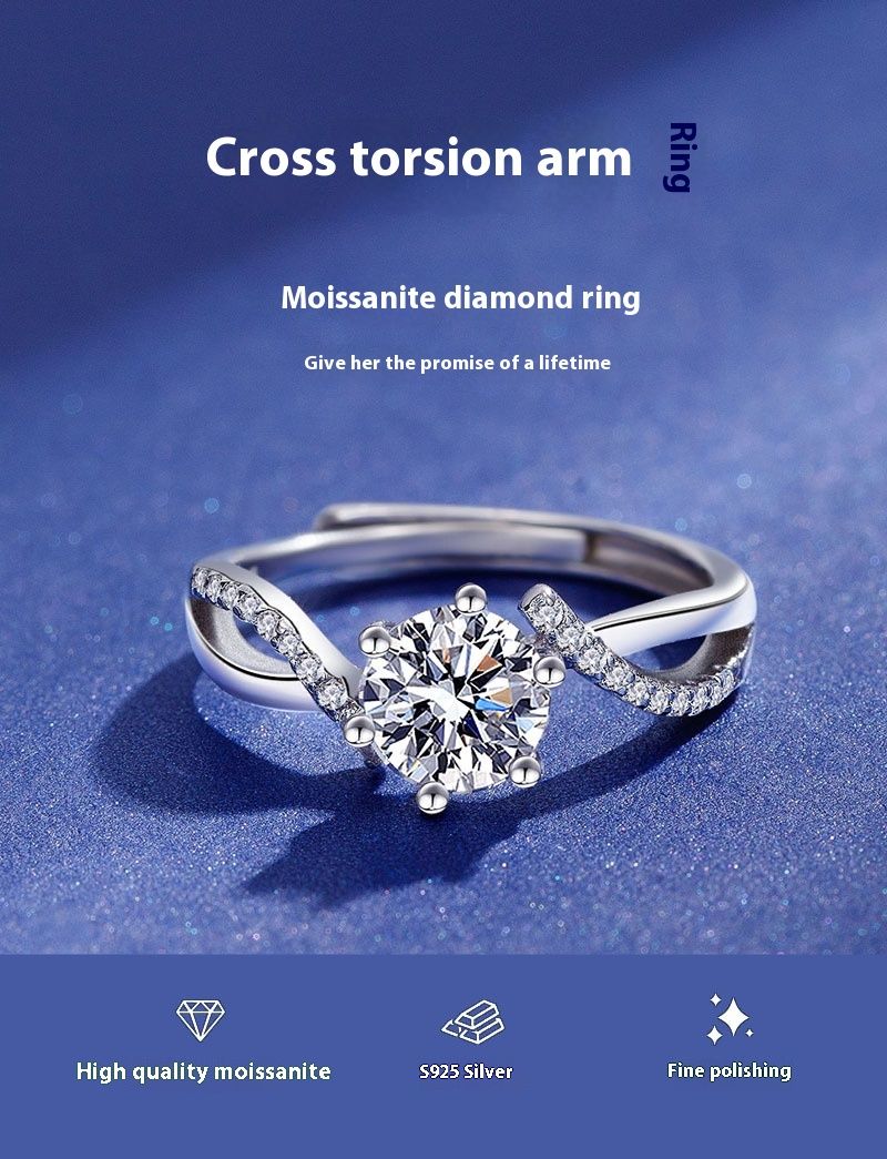 Broadcast Handwear Mikro-Ageleete Klassesche Kräiz Twist Six Claw Moissanit Ring fir Fraen Einfach_voghion.com