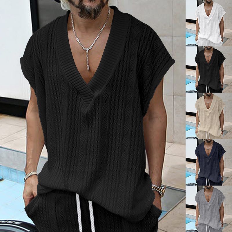 Gilet en tricot jacquard ample à col en V pour hommes, nouvelle collection d'été, surdimensionné et décontracté_voghion.com