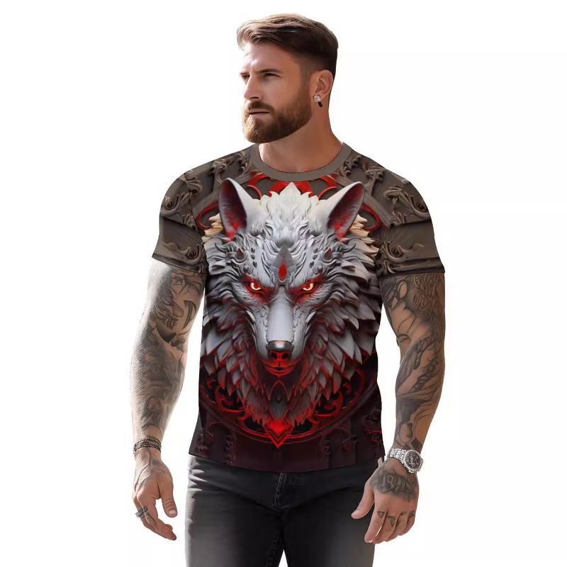 2024 Summer New 3D Printed White Wolf Loose Men's Short sleeved T-shirt_voghion.com