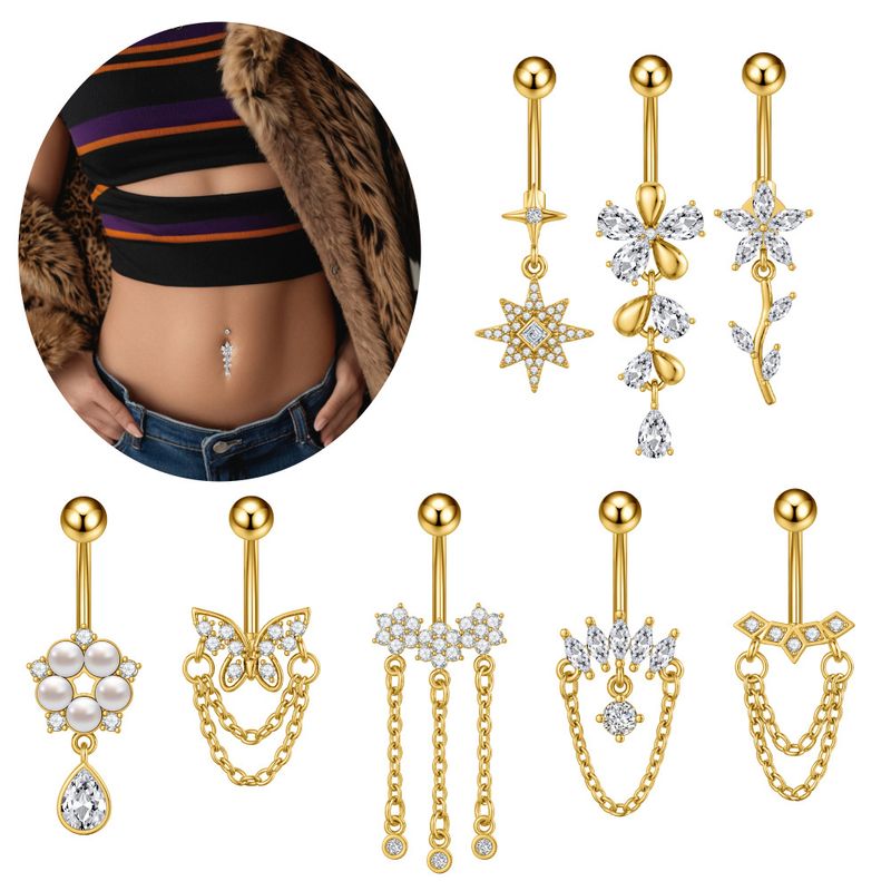 Piercing per ombelico da donna in acciaio inossidabile con zircone, catena a farfalla, occhio di cavallo, fiore a cinque foglie, fibbia per ombelico_voghion.com
