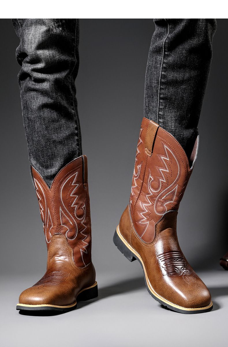 Amekaji Herren-Reitstiefel mit hoher Röhre, bestickt, Western-Cowboy, trendig, für Motorradfahrer, quadratische Zehenpartie_voghion.com