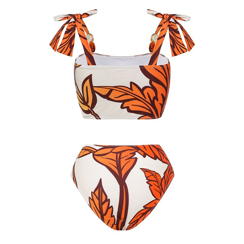 Roupa de banho feminina nova camada de ar babados maple leaf print praia férias maiô de uma peça terno_voghion.com