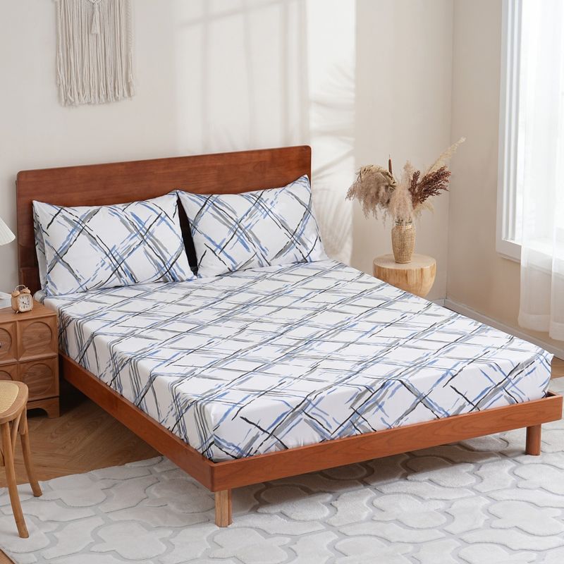 Gray White Blue Geometric Diamond Bed Sheet Polyester Skin Friendly Bed Fitted Sheet Mattress Protector Fitted Sheet_voghion.com