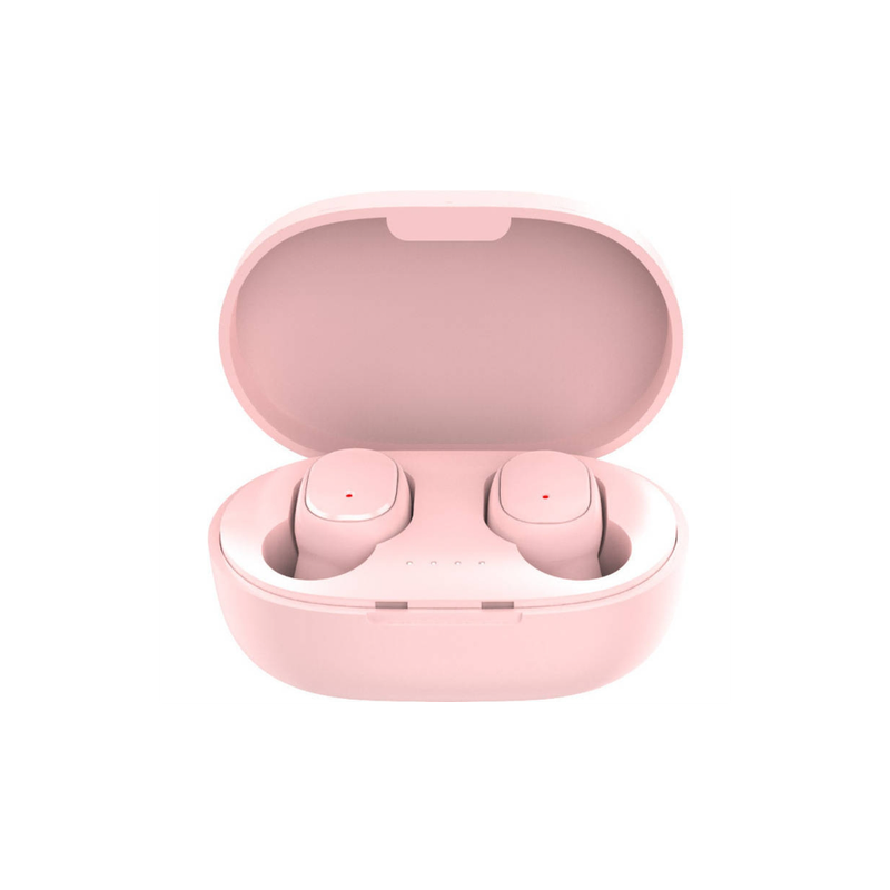 Cuffie wireless Bluetooth 5.0 modello A6S, custodia di ricarica inclusa, microfono vivavoce, suono stereo HD, colore rosa._voghion.com