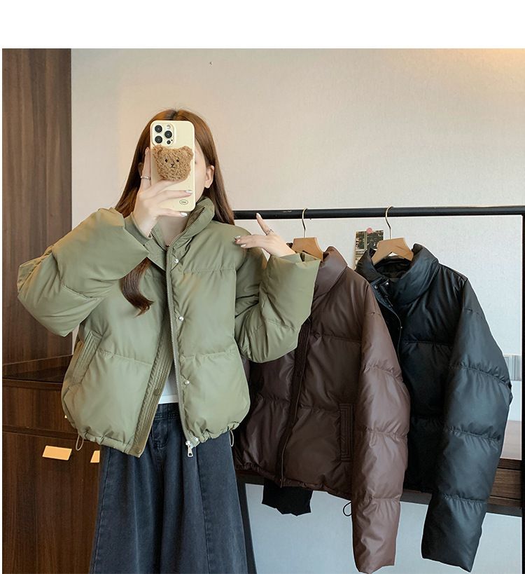 Dameskleding Koreaanse versie korte opstaande kraag kleine winterjassen katoenen jas voor dames eenvoudige losse versie rits pufferjack effen kleur_voghion.com